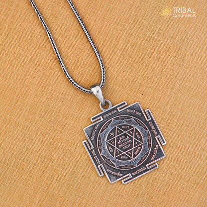 Sterling silver Shree Laxmi Narayan yantram pendant with chain, tribal jewelry by TRIBAL ORNAMENTS, detailed religious symbol design