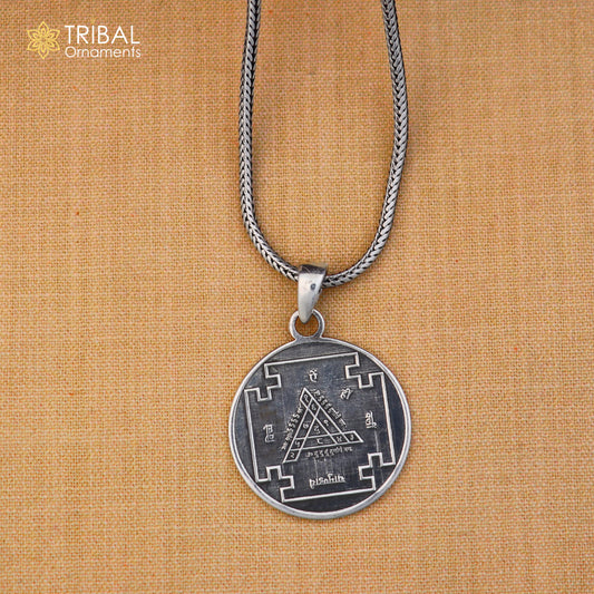 925 sterling silver Durga Bisa Yantram pendant with chain, tribal jewelry featuring intricate design and traditional craftsmanship.