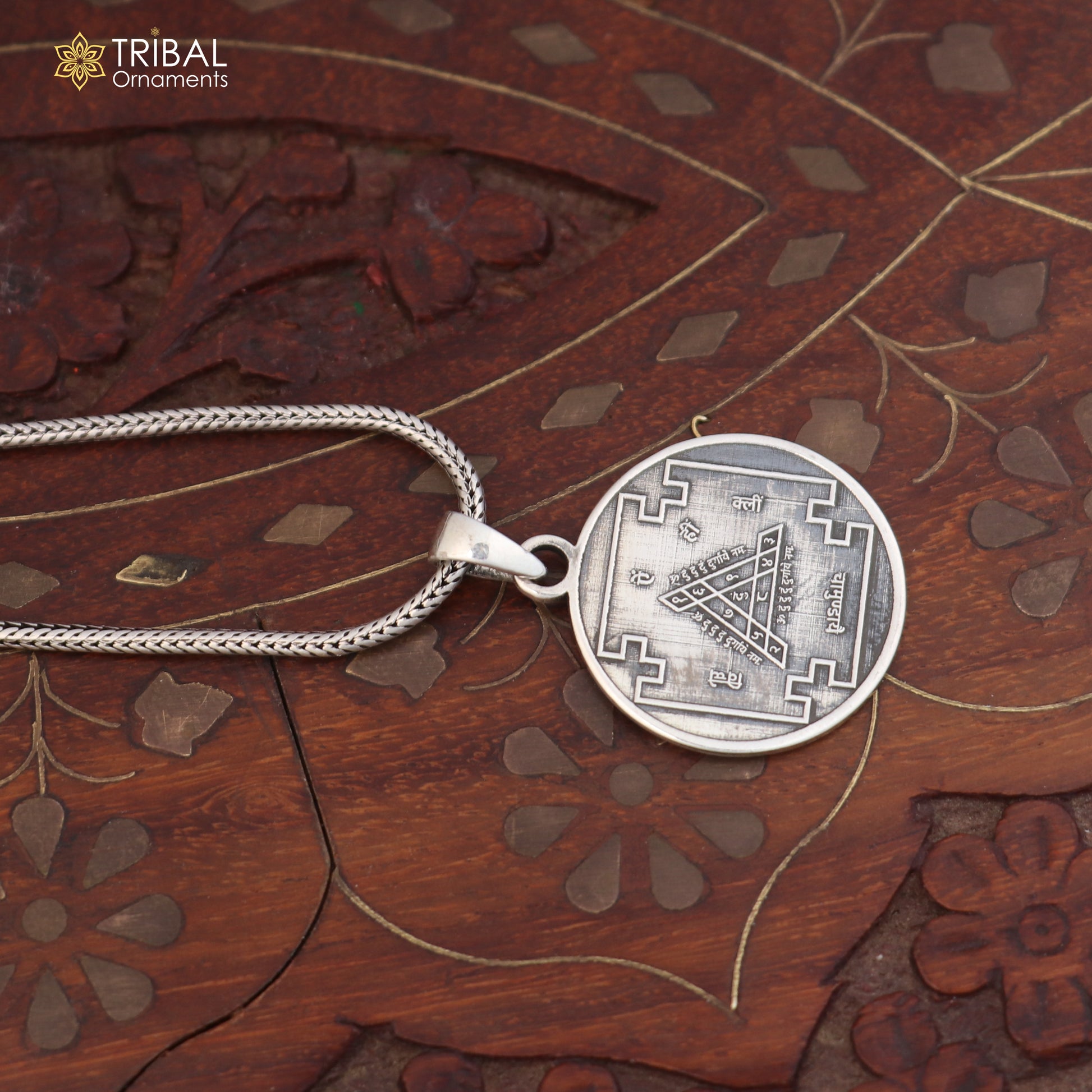 925 sterling silver Durga Bisa Yantram pendant with chain, tribal jewelry featuring intricate design and craftsmanship.