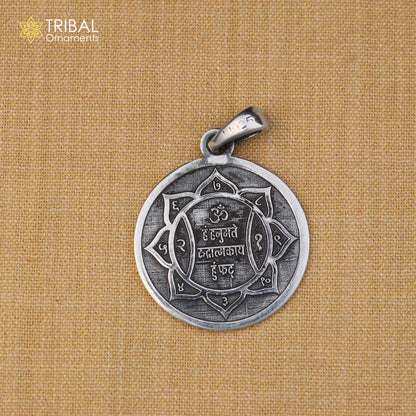 Sterling silver Shree Hanuman Yantram pendant with chain, tribal jewelry design, detailed religious symbol, handcrafted by TRIBAL ORNAMENTS.