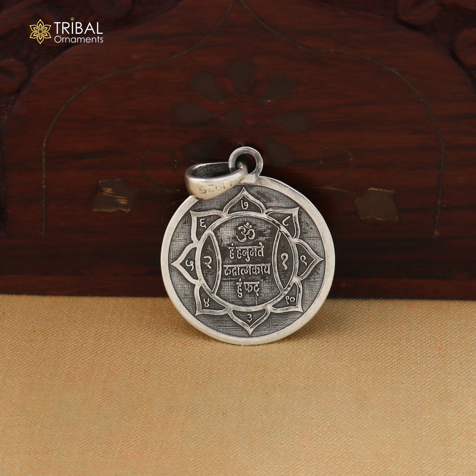 Sterling silver Shree Hanuman Yantram pendant with chain, Tribal Ornaments tribal jewelry, intricate religious symbol design.