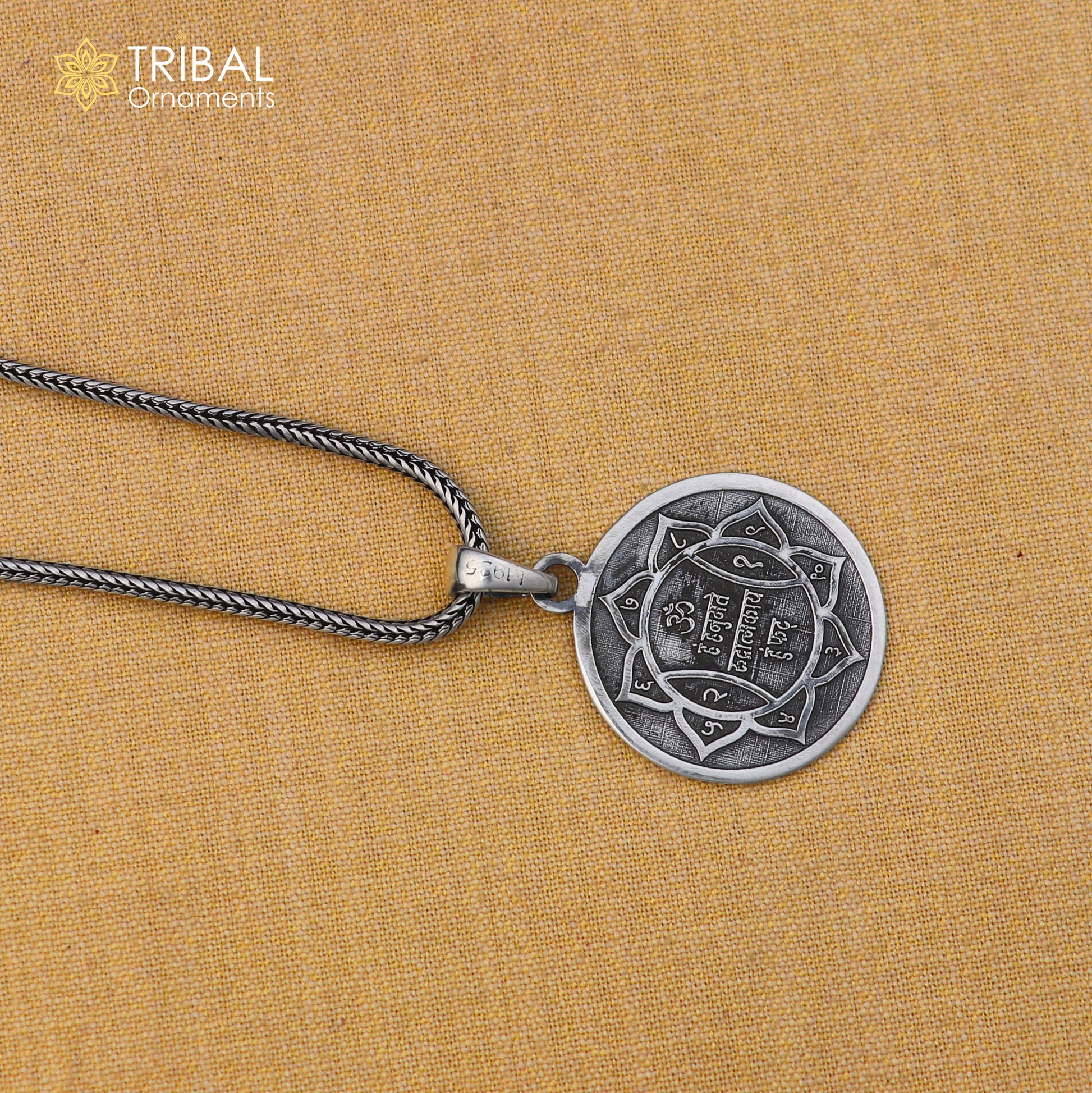 925 sterling silver Shree Hanuman Yantram pendant with chain, tribal jewelry design by TRIBAL ORNAMENTS, detailed religious symbol display