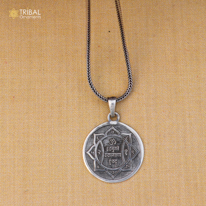 925 sterling silver Shree Hanuman Yantram pendant with chain, tribal jewelry featuring intricate design and religious symbolism.
