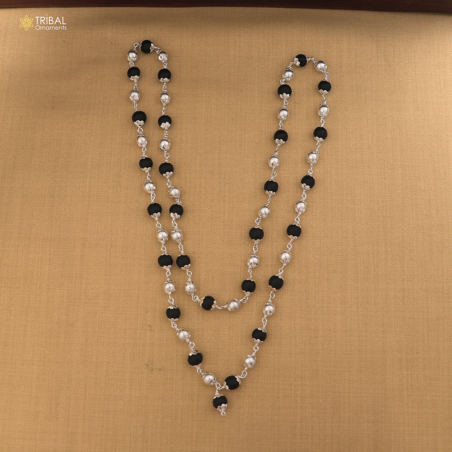 Silver Navkar Jaap Mala necklace with 54/108 beads, featuring Karungali and silver beads, crafted in 925 solid silver.