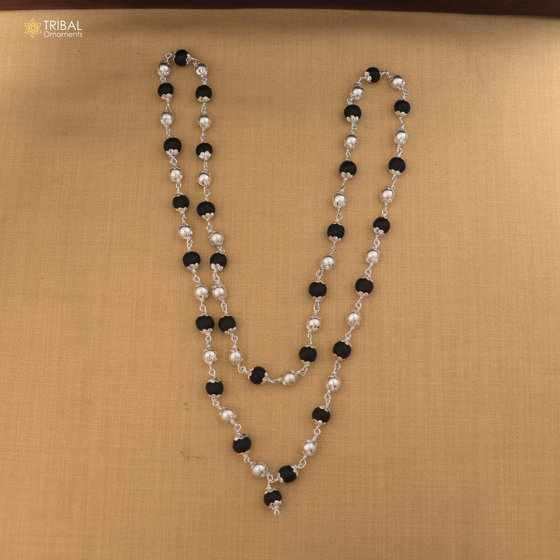 Silver Navkar Jaap Mala necklace with 54/108 beads, featuring Karungali and silver beads, crafted in 925 solid silver.