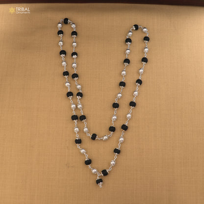 Silver Navkar Jaap Mala necklace with 54/108 beads, featuring Karungali and silver beads, crafted in 925 solid silver.
