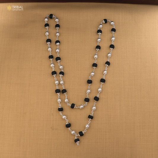 Silver Navkar Jaap Mala necklace with 54/108 beads, featuring Karungali and silver beads, crafted in 925 solid silver.