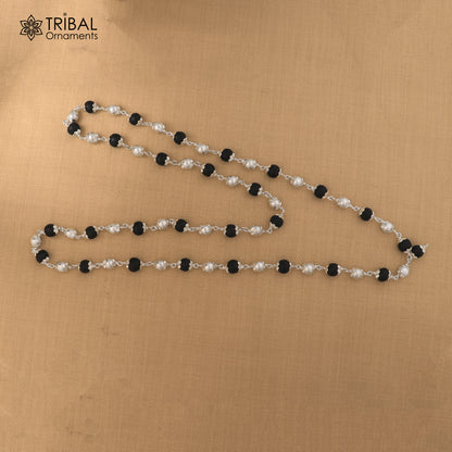Silver Navkar Jaap mala with 54/108 beads, Karungali and silver accents, 925 solid silver chanting necklace by Tribal Ornaments.
