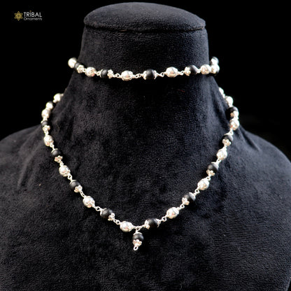Silver Navkar Jaap Mala with 54 or 108 beads, featuring Karungali and silver beads, made of 925 solid silver chanting necklace.