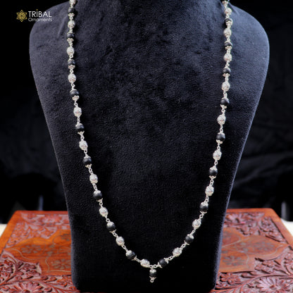 Silver Karungali and beads Navkar Jaap mala necklace with 54/108 beads, 925 solid silver chanting jewelry by Tribal Ornaments