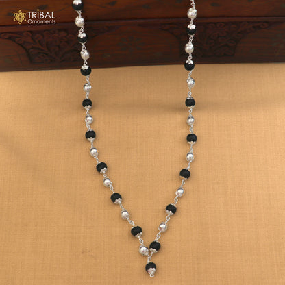 Silver Navkar Jaap mala with 54 or 108 beads, featuring Karungali and silver beads, made of 925 solid silver for chanting.