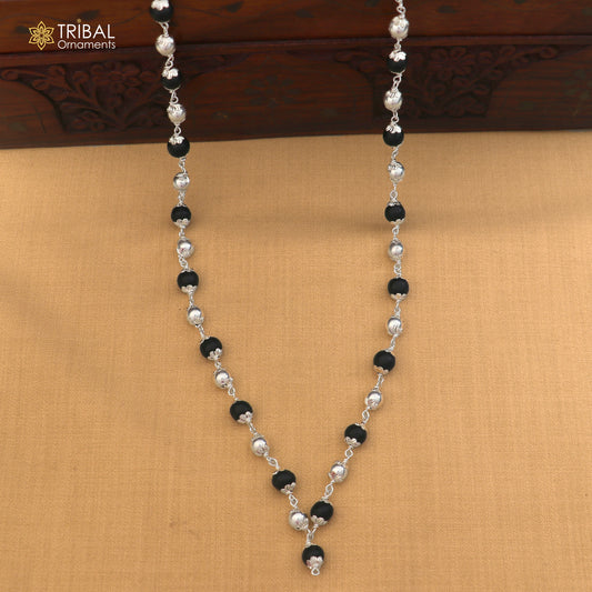 Silver Navkar Jaap mala with 54 or 108 beads, featuring Karungali and silver beads, made of 925 solid silver for chanting.