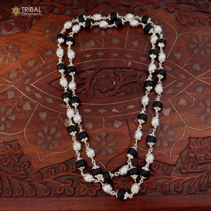 Silver Navkar Jaap mala with 54 or 108 beads, featuring Karungali and silver beads, 925 solid silver chanting necklace.