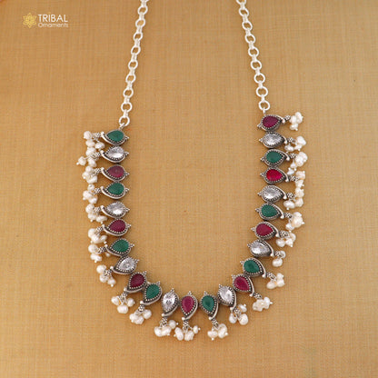 925 sterling silver necklace and earrings set with ruby red and green cut stones, tribal oxidized jewelry by TRIBAL ORNAMENTS