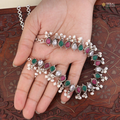 925 sterling silver necklace and earrings set with ruby red and green cut stones, tribal oxidized jewelry by TRIBAL ORNAMENTS