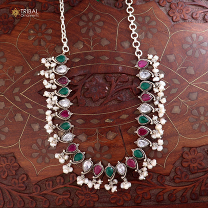 Sterling silver ethnic necklace and earrings set with ruby red and green cut stones, oxidized tribal jewelry by TRIBAL ORNAMENTS