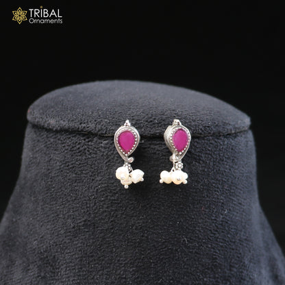 925 sterling silver ethnic jewelry set with ruby red and white cut stones, includes necklace and earrings by TRIBAL ORNAMENTS.