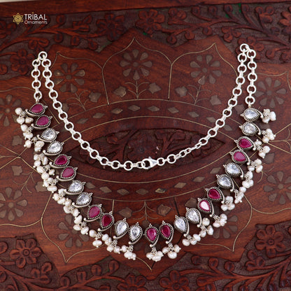 Sterling silver ethnic jewelry set with ruby red and white cut stones, includes necklace and earrings by TRIBAL ORNAMENTS.
