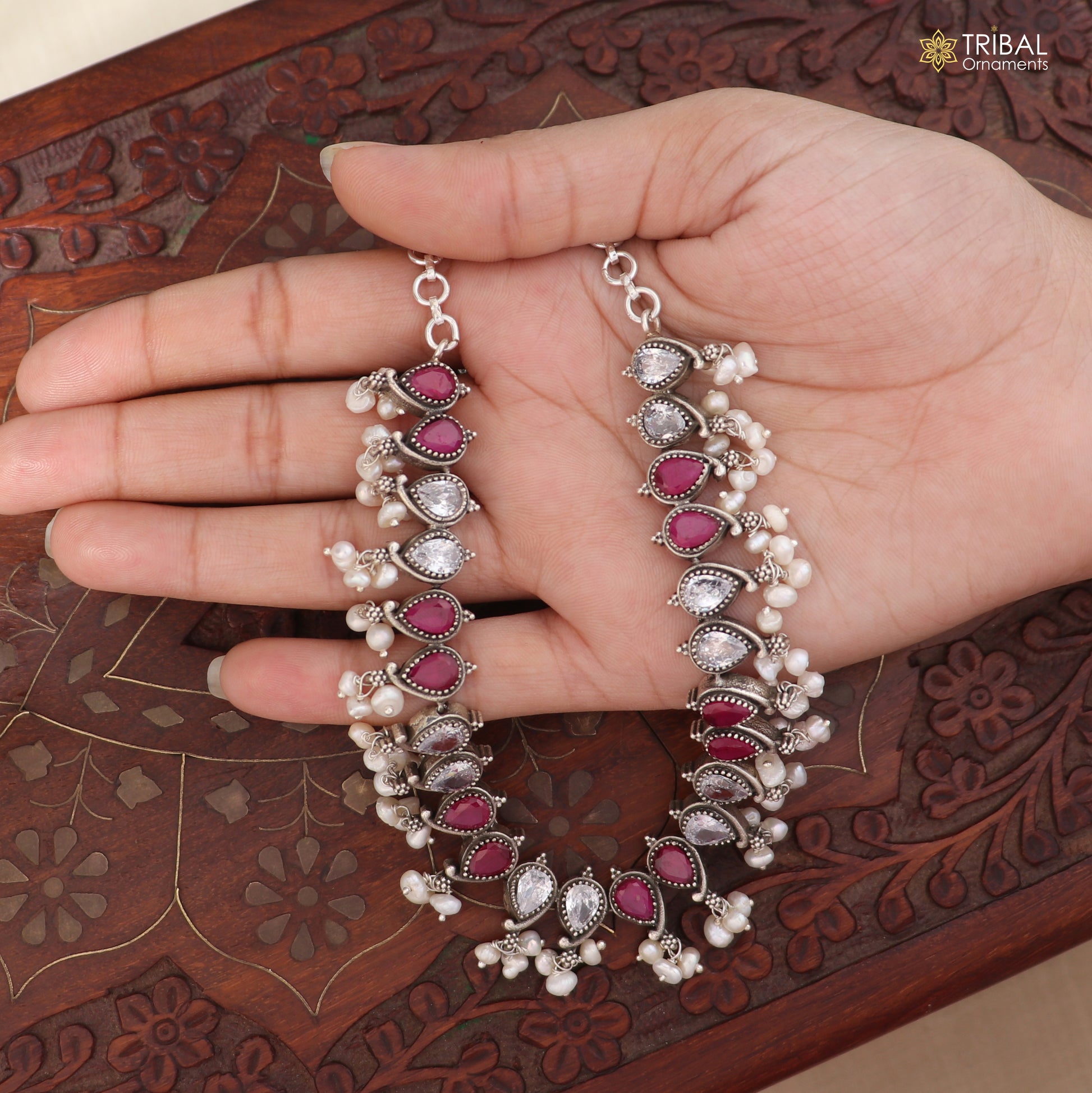 925 sterling silver jewelry set with ruby red and white cut stones, includes necklace and earrings in oxidized ethnic design