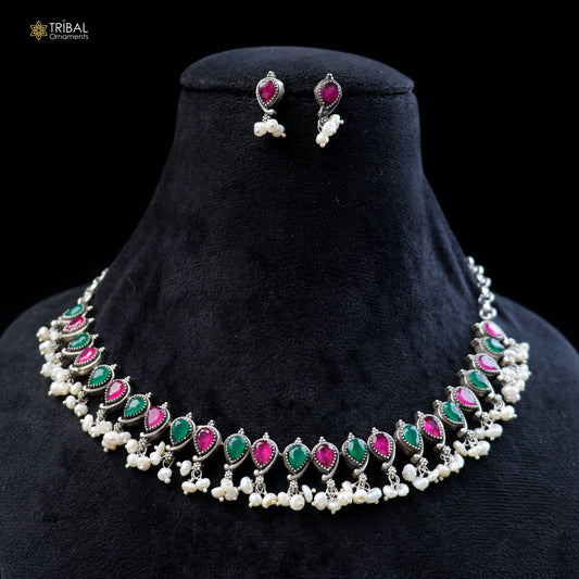 925 sterling silver ethnic jewelry set with ruby red and white cut stones, includes necklace and earrings by TRIBAL ORNAMENTS