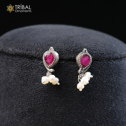 Sterling silver ethnic necklace and earrings set with ruby red and white cut stones, oxidized tribal jewelry by TRIBAL ORNAMENTS