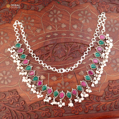 Sterling silver necklace and earrings set with ruby red and white cut stones, tribal oxidized jewelry by TRIBAL ORNAMENTS