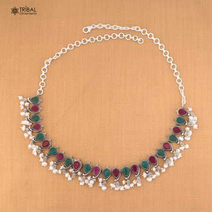 925 silver jewelry set with ruby red and white cut stones, includes necklace and earrings, ethnic oxidized design by TRIBAL ORNAMENTS