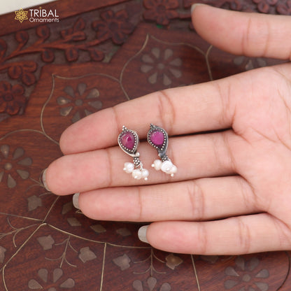 925 sterling silver necklace and earrings set with ruby red and white cut stones, tribal oxidized ethnic jewelry by TRIBAL ORNAMENTS