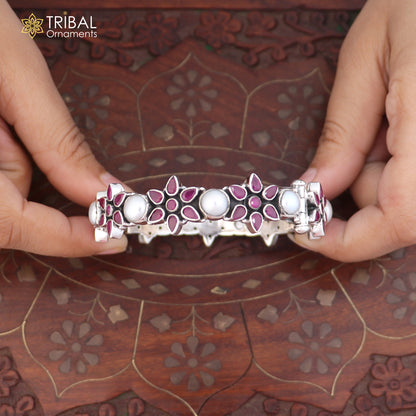Sterling silver floral stone bangle bracelet with intricate ethnic design, crafted by TRIBAL ORNAMENTS.