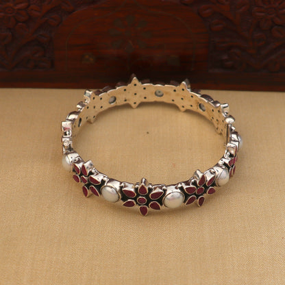 Sterling silver floral style stone bangle bracelet featuring intricate ethnic design, handcrafted by TRIBAL ORNAMENTS.