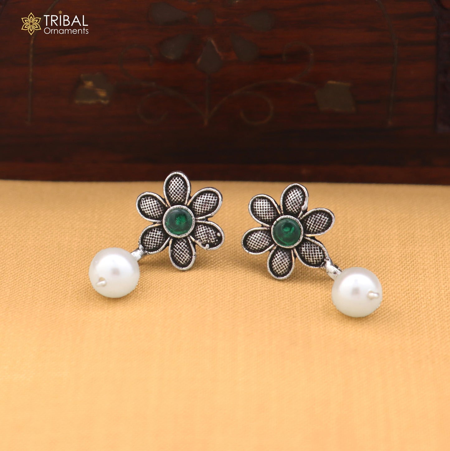 Sterling silver flower design drop earrings with gemstone accents, stylish jewelry for women by TRIBAL ORNAMENTS.