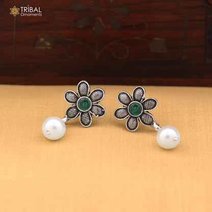 Sterling silver flower design drop earrings with gemstone accents, stylish jewelry for women by TRIBAL ORNAMENTS.