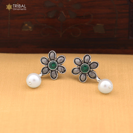 Sterling silver flower design drop earrings with gemstone accents, stylish jewelry for women by TRIBAL ORNAMENTS.