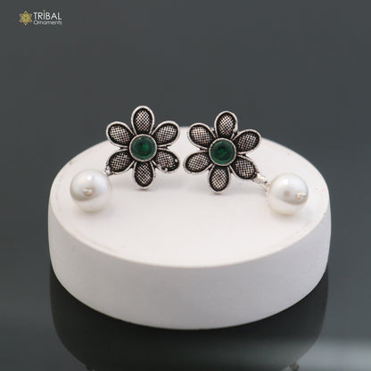 Sterling silver flower design stone drop dangle earring by TRIBAL ORNAMENTS, elegant jewelry for girls, with intricate floral details.