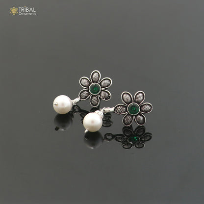Sterling silver flower design drop earrings with stone accents, dangle style, elegant jewelry for girls by Tribal Ornaments.