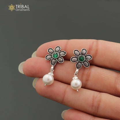 Sterling silver flower design drop dangle earring with stone accents, elegant jewelry for girls by TRIBAL ORNAMENTS.