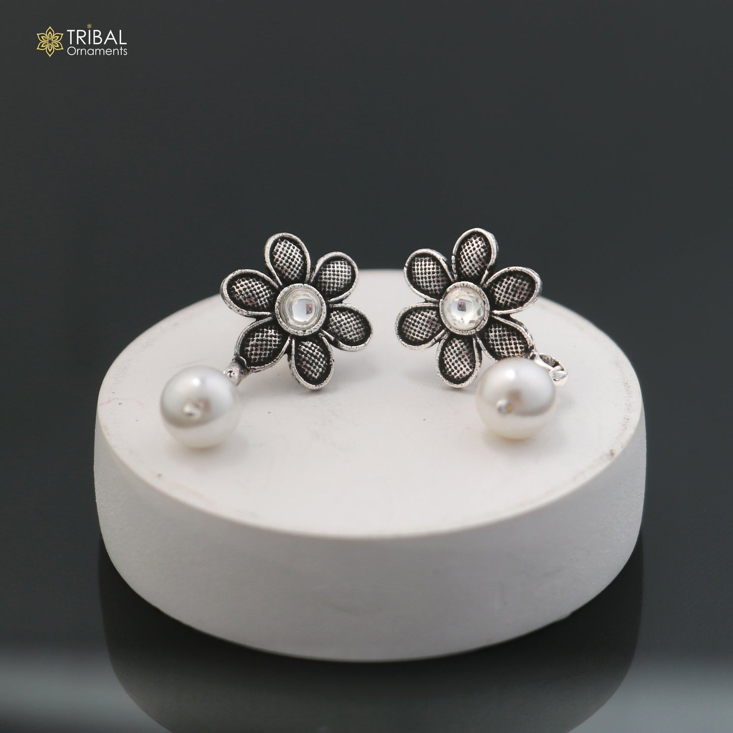 Sterling silver flower design stone drop dangle earring by TRIBAL ORNAMENTS, elegant jewelry for women