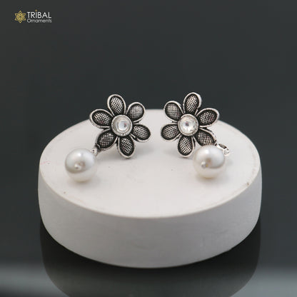 Sterling silver flower design stone drop dangle earring by TRIBAL ORNAMENTS, elegant jewelry for women
