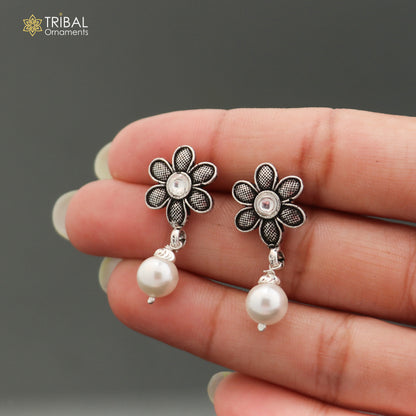 Sterling silver flower design drop dangle earrings with stone accents, elegant jewelry for girls by TRIBAL ORNAMENTS.