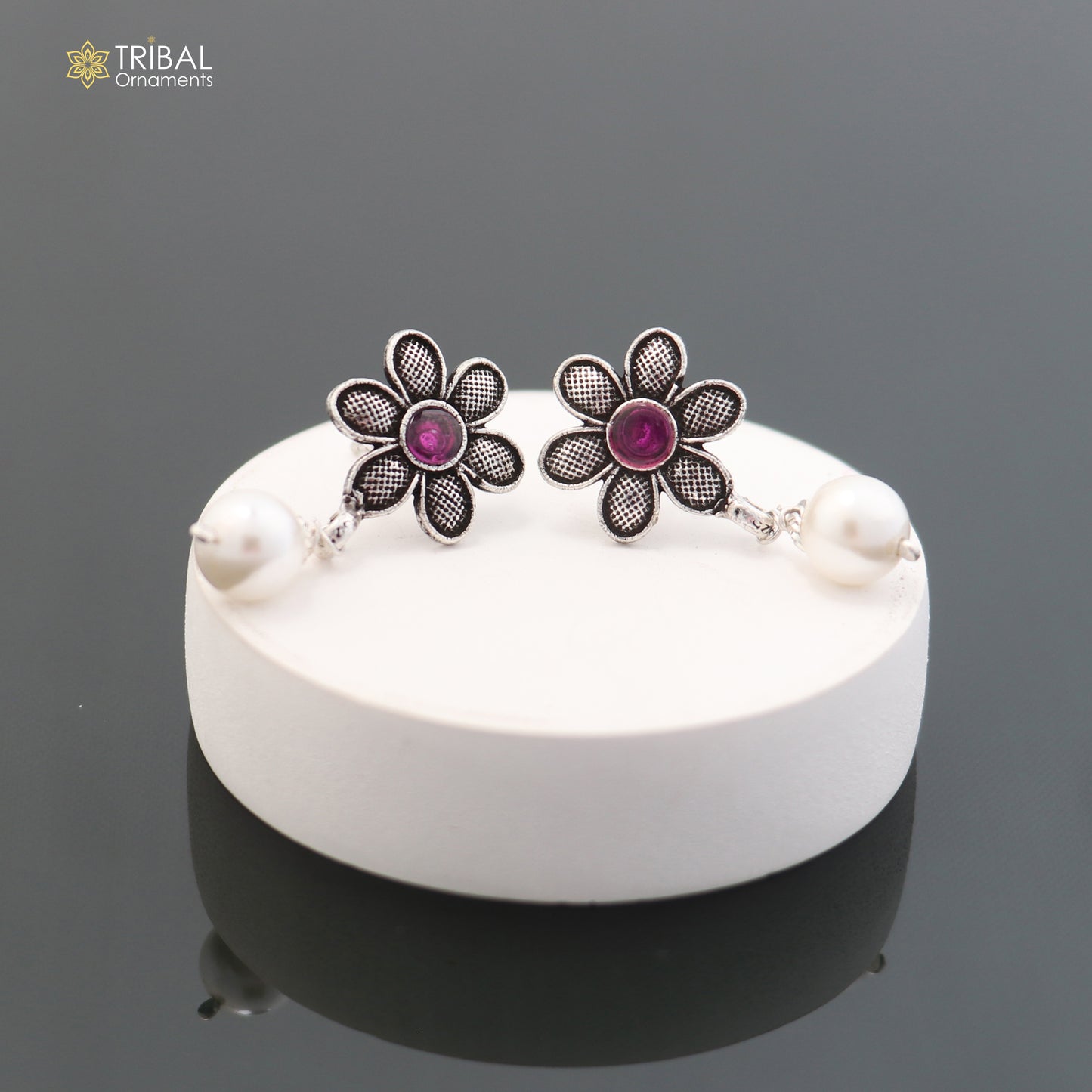 Sterling silver flower design drop dangle earring with stone accents, elegant jewelry for girls by TRIBAL ORNAMENTS.