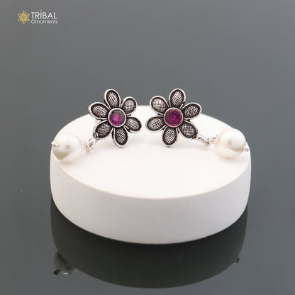 Sterling silver flower design drop dangle earring with stone accents, elegant jewelry for girls by TRIBAL ORNAMENTS.