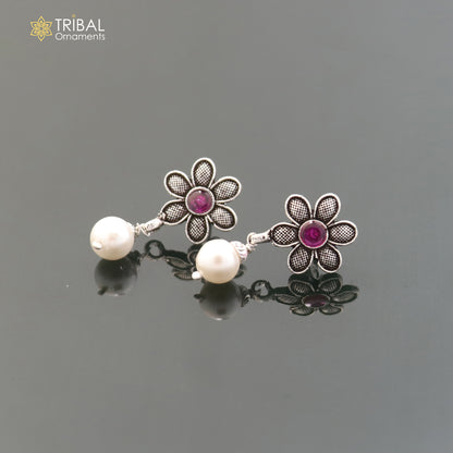 Sterling silver flower design drop dangle earring with stone accents, crafted by TRIBAL ORNAMENTS, for girls' jewelry.