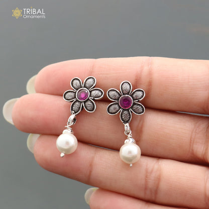 Sterling silver flower design stone drop dangle earring by TRIBAL ORNAMENTS, featuring intricate floral details for girls' jewelry.