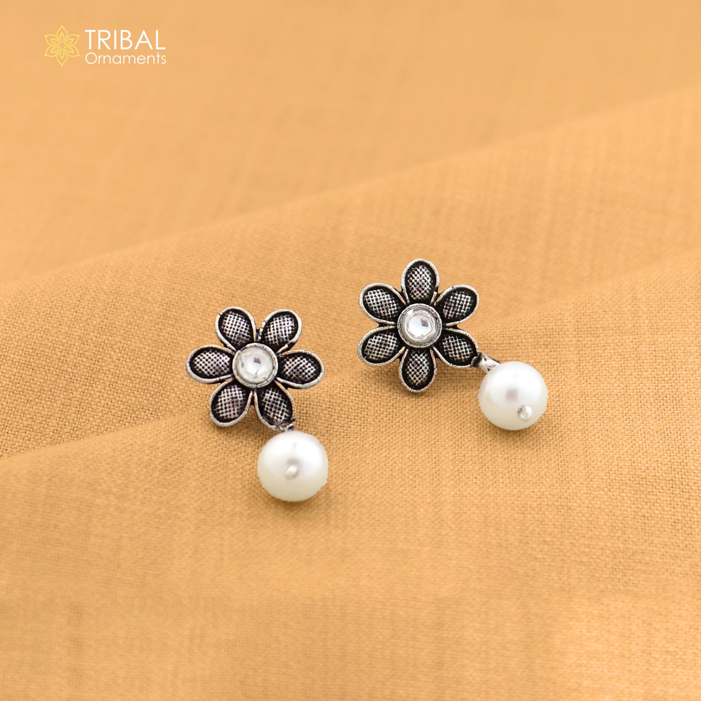 Sterling silver flower design drop dangle earring with stone accents, jewelry accessory for girls by TRIBAL ORNAMENTS.