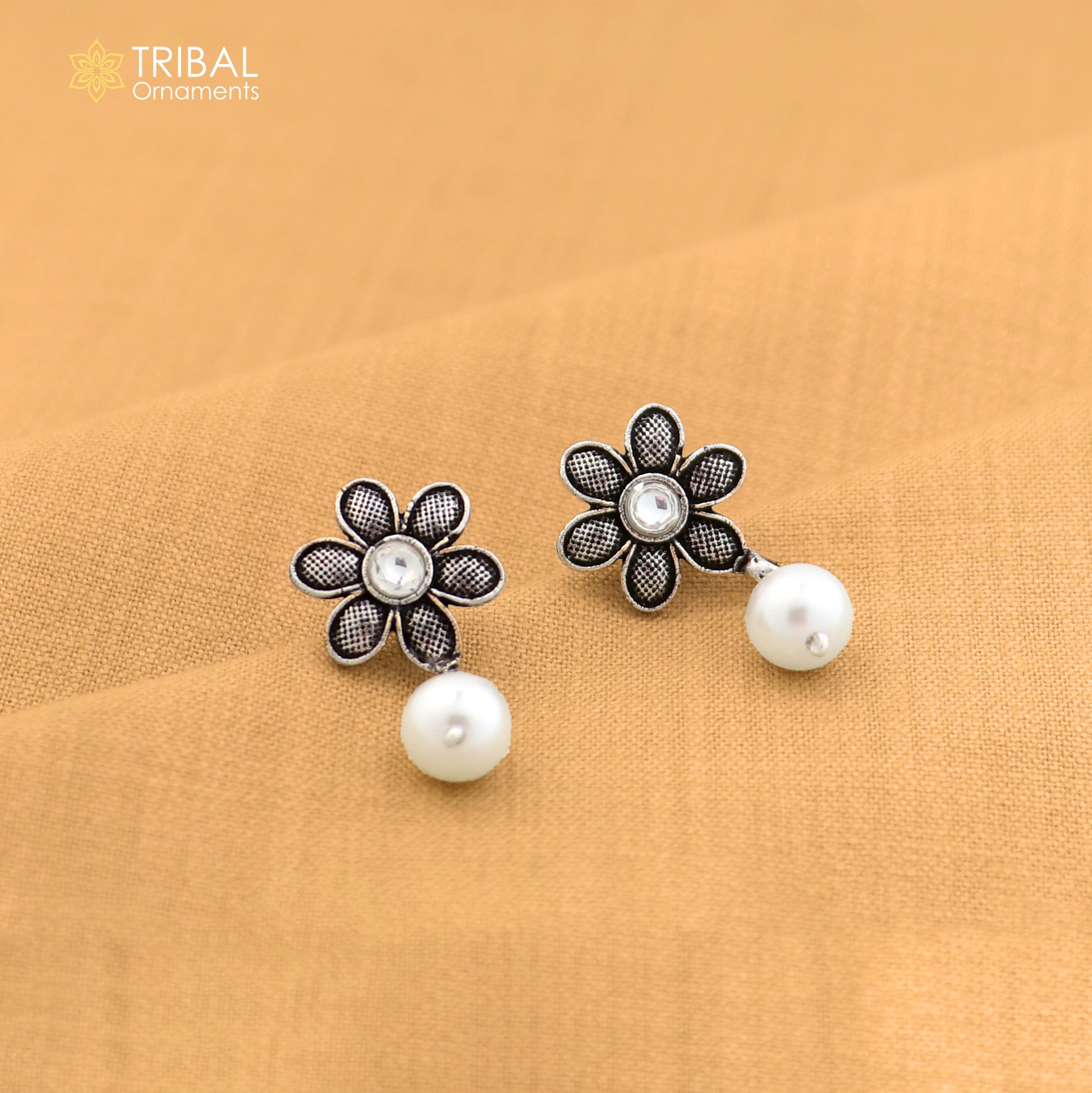 Sterling silver flower design drop dangle earring with stone accents, jewelry accessory for girls by TRIBAL ORNAMENTS.