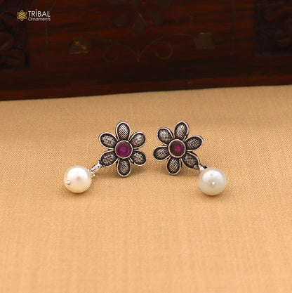 Sterling silver flower design stone drop dangle earring from TRIBAL ORNAMENTS, elegant girls jewelry with intricate floral details.