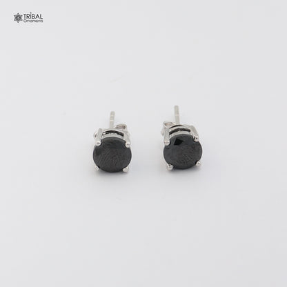 Sterling silver round black stone stud earring by TRIBAL ORNAMENTS, unisex jewelry, showcasing polished black gemstone and silver setting.