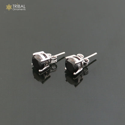925 sterling silver black stone round stud earring by TRIBAL ORNAMENTS, unisex jewelry with sleek, polished design.