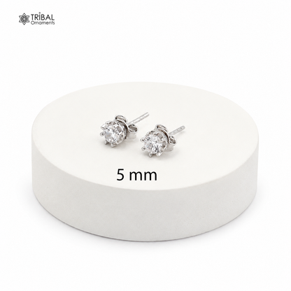 Sterling silver white diamond stud earring with round shape, unisex jewelry from TRIBAL ORNAMENTS, image showing front view of the earring.