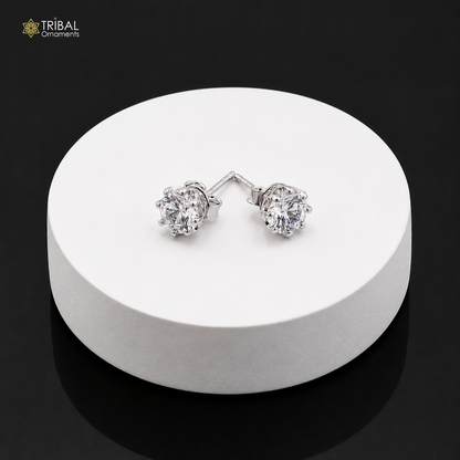 Sterling silver round white diamond stud earring by Tribal Ornaments, unisex jewelry with elegant sparkle and classic design.